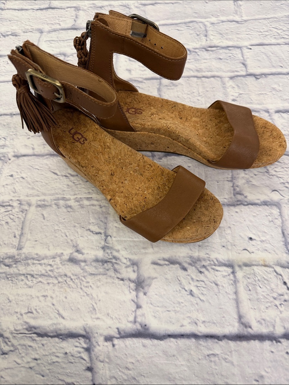 UGG size 6 Brown Cork Wedge Ankle-Strap Sandals with Tassel
